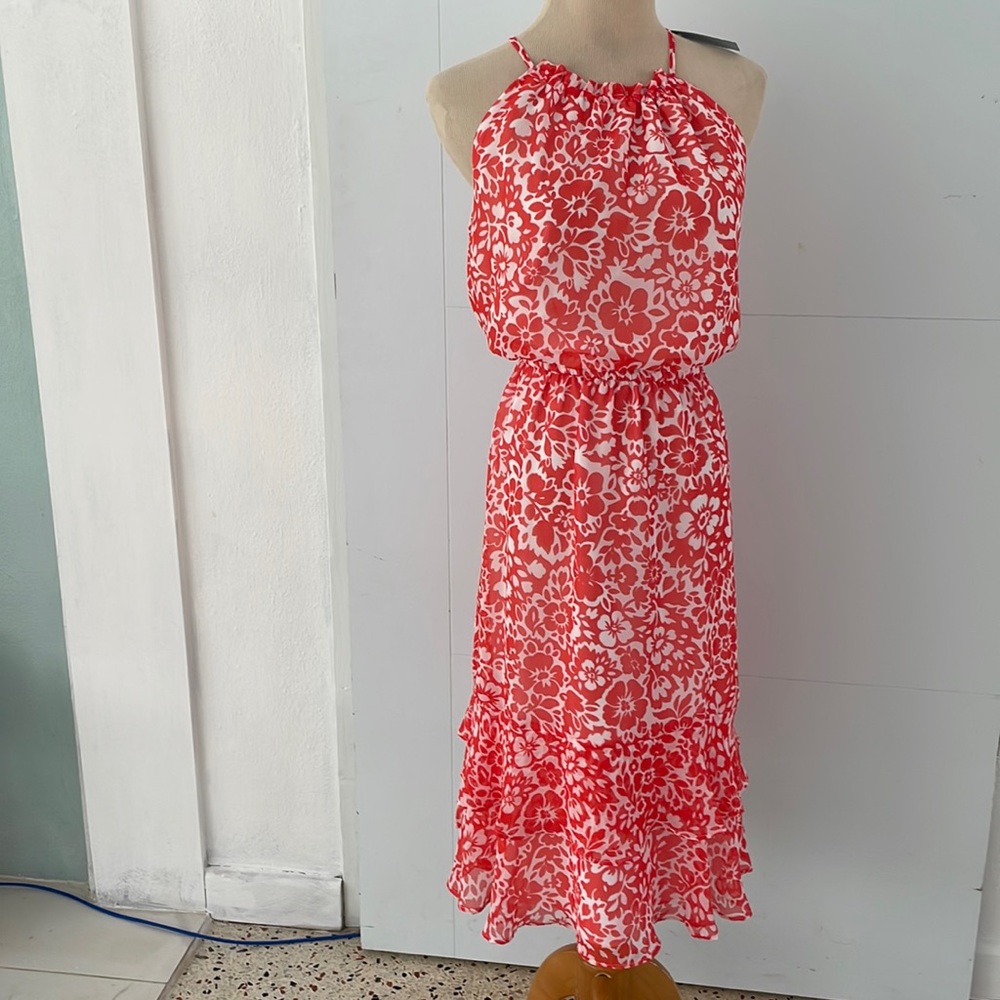Ann Taylor sheer lined sleeveless red/white flowered dress. Petite/10